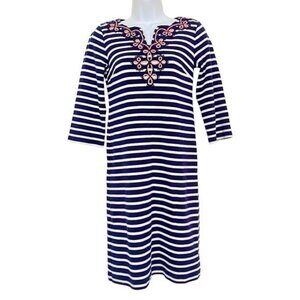 TALBOTS Striped Embroidered Split neck Knit mini dress Blue White Sz P (XS) EUC